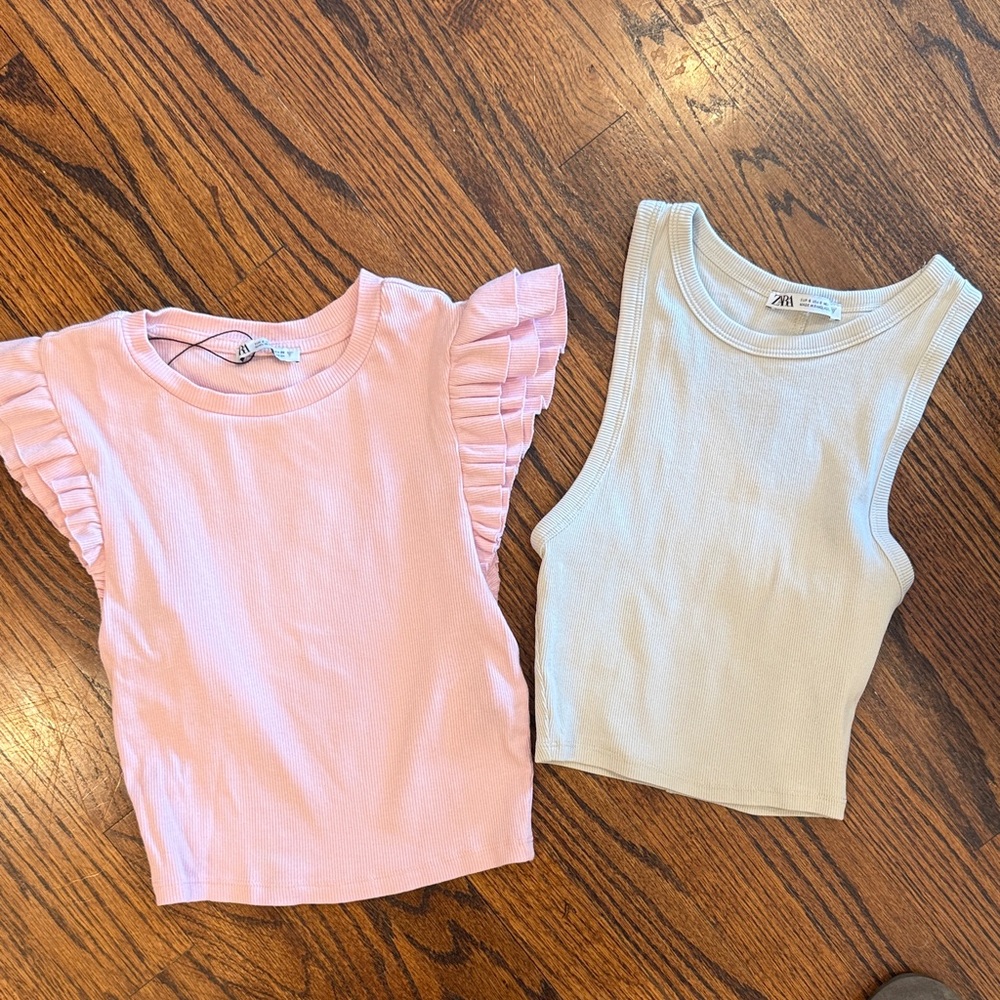 Zara Small Ruffled Pink and Soft Cream Tank Tops